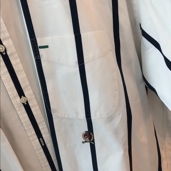 Tommy Hilfiger White Navy Stripe Button Shirt - Picture 2 of 11